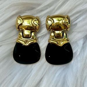 Vintage Monet Gold and Black Enamel Earrings